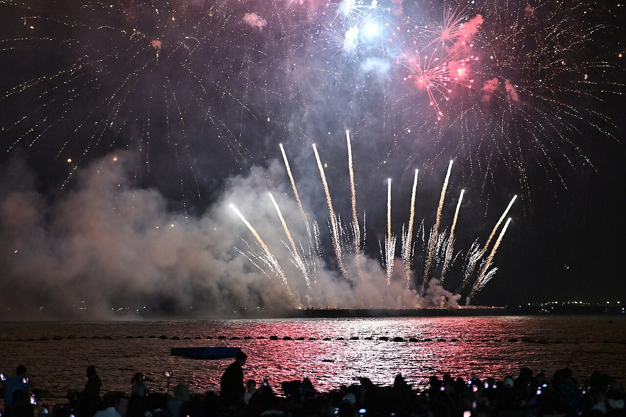 Foule devant un feu d'artifice